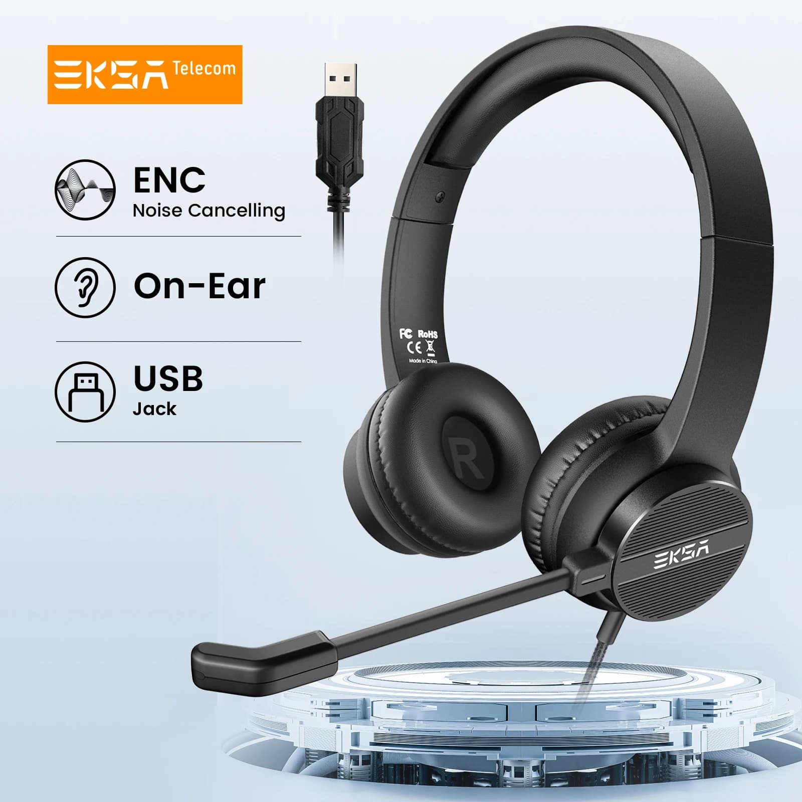 EKSA H12E Cuffie da ufficio On-Ear Cuffie per computer cablate USB con microfono ENC Call Center Cuffie Gamer per PC Laptop Skype