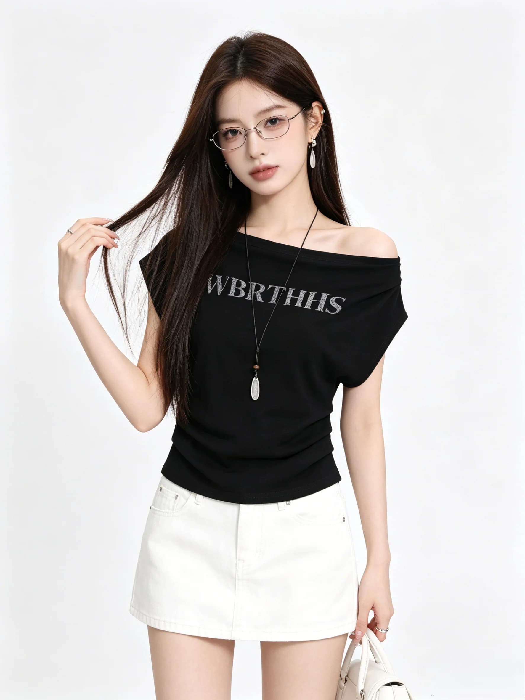 Sweet And Spicy Shoulder Bared Korean Style Short Sleeve T Shirt Summer Short Folded Waist Slimming Skin Friendly Women's Top
