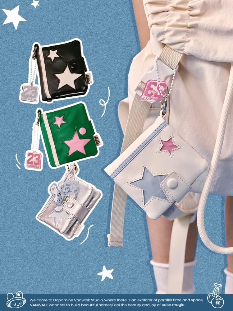 Portamonete VANWALK Serie Sportiva con Design a Stelle, Borsa Portaoggetti per Ragazze, Portachiavi, Portacarte, Portafoglio Lungo alla Moda