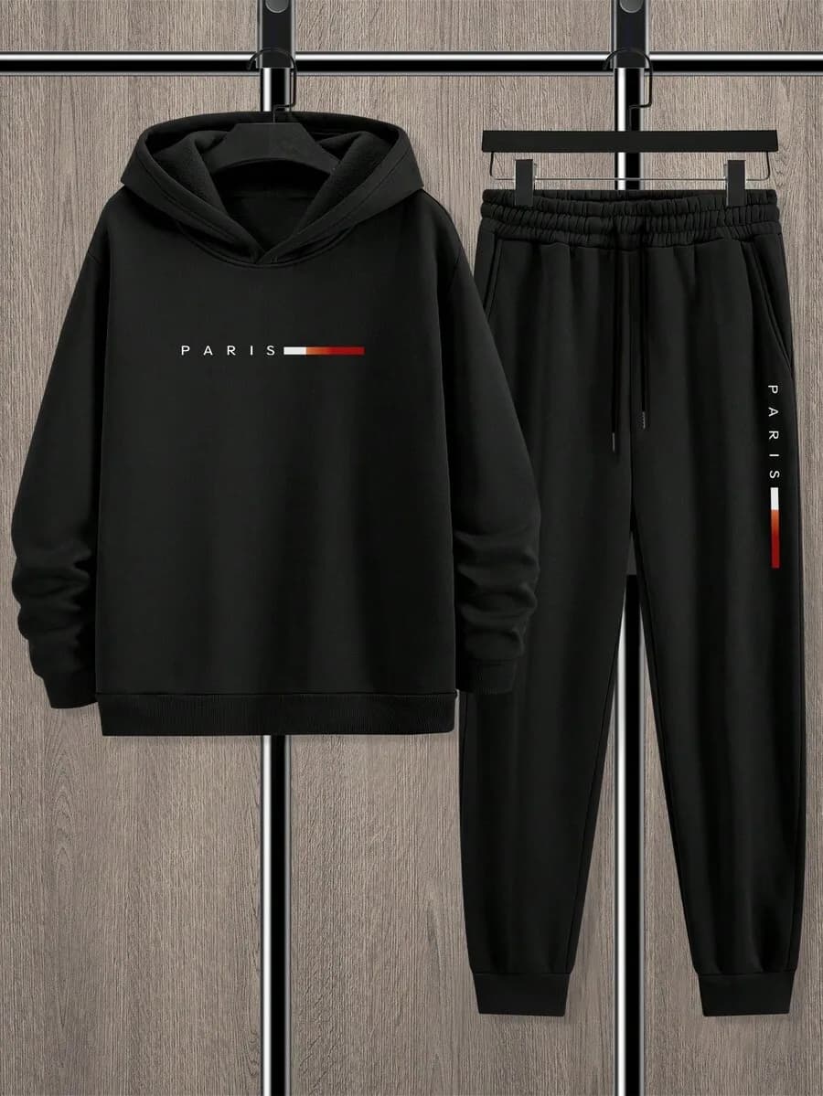Set Felpa con Cappuccio e Pantaloni da Uomo Neri con Stampa Grafica 'Paris', Outfit Casual in Due Pezzi per Autunno e Inverno