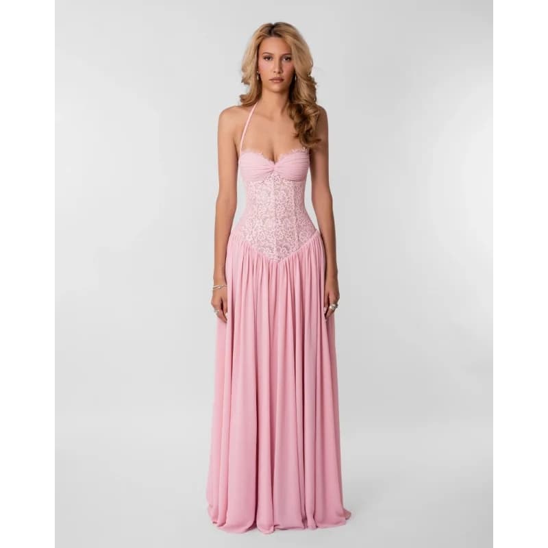 Lace body tied neck chiffon long dress, pleated strapless back strap bridesmaid dress