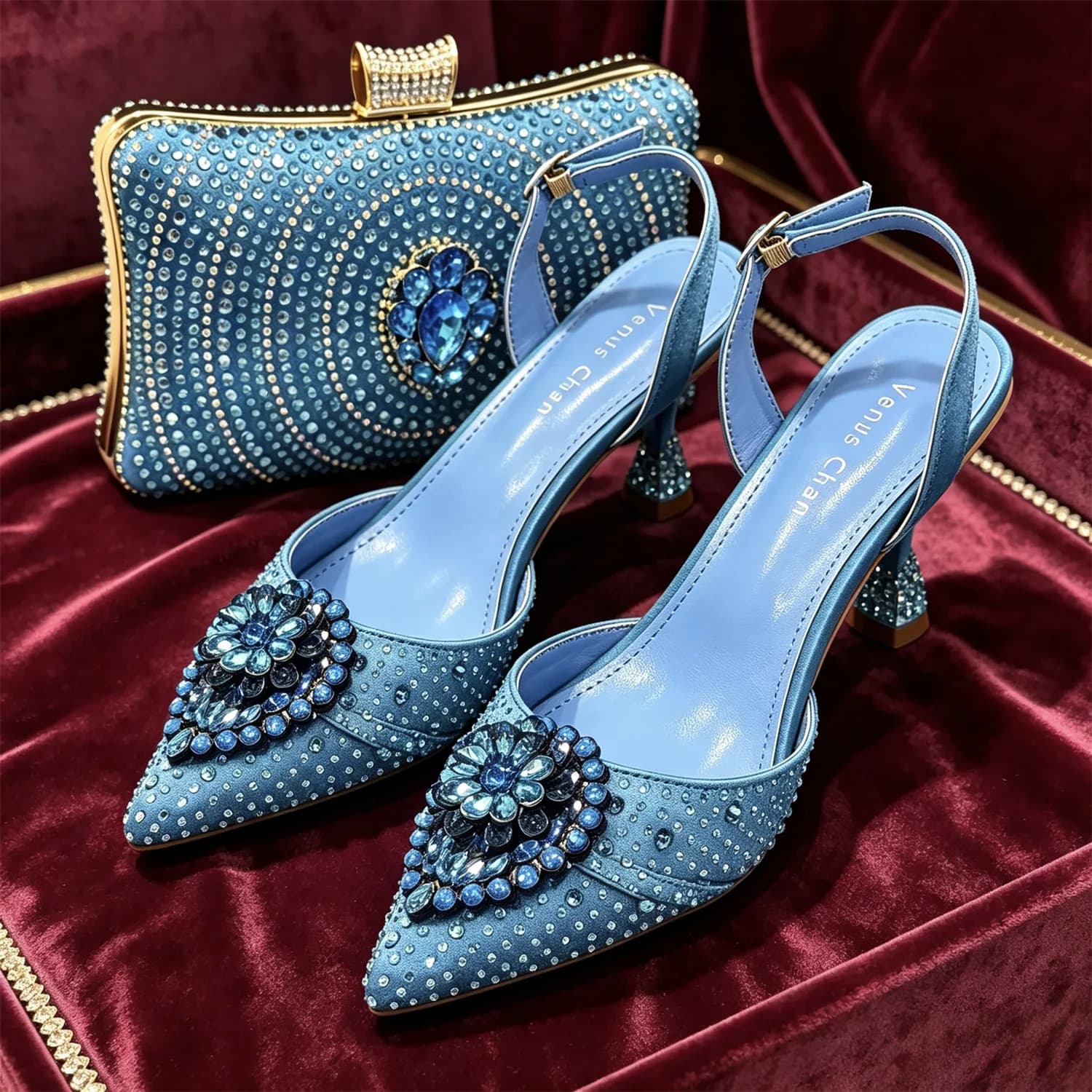 Crystal Rhinestone Heels & Clutch Bag Set Pointed Slingback Heels Women Wedding Prom Party Elegant Formal Matching Shoe Purse