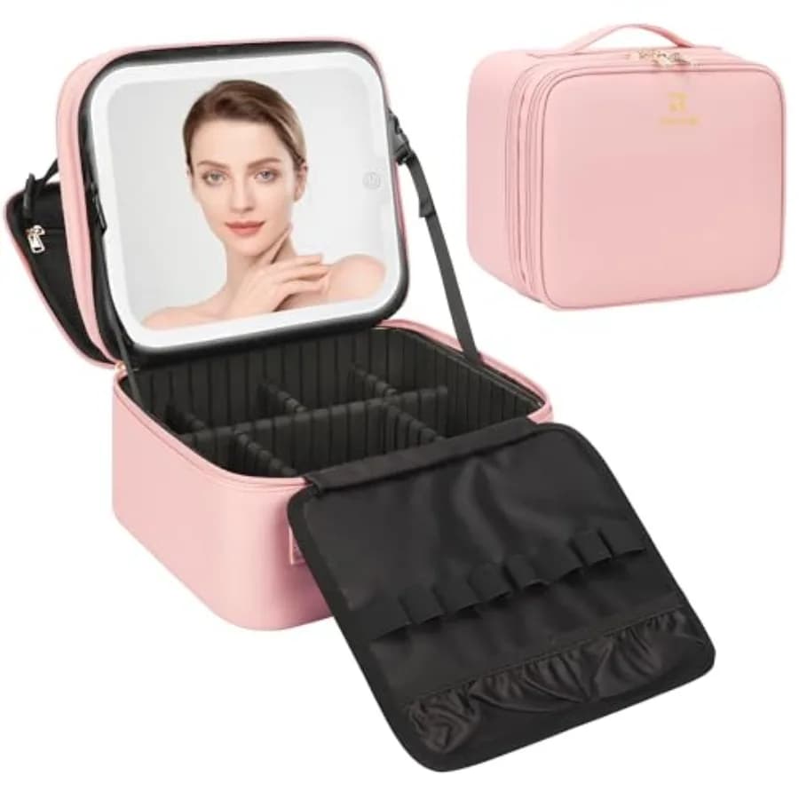 Borsa per il Trucco con Specchio LED, Piccolo Beauty Case da Viaggio con Specchio Illuminato Ricaricabile, 3 Colori di Luce, Scatola Cosmetica a Doppio Strato M