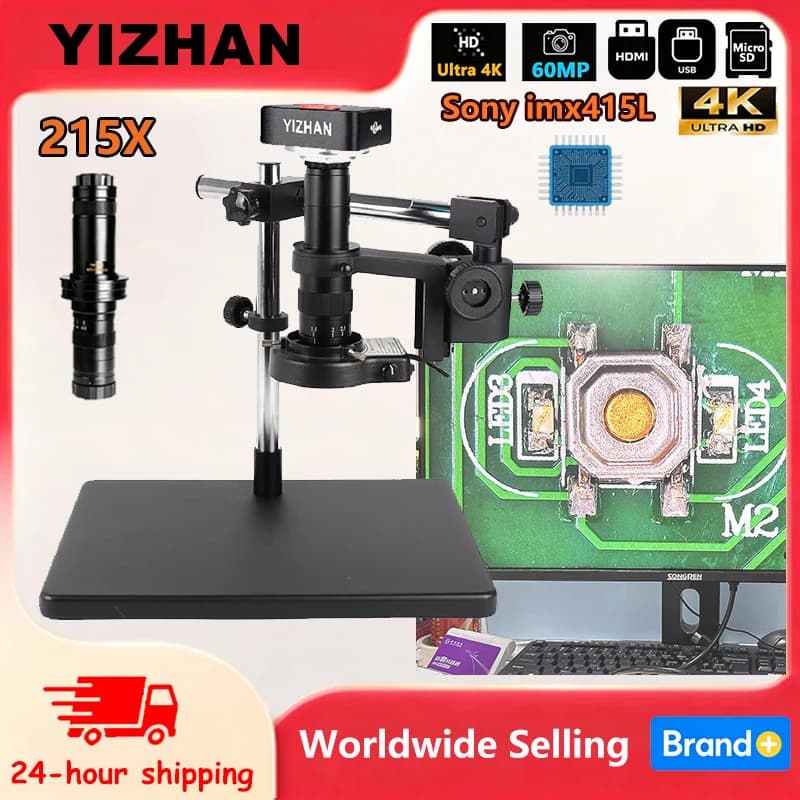 YIZHAN 60MP Ultra HD 4K Electronic Microscope 150X CS Mount Lens HDMI USB Industrial Video Microscope Camera Multiple brackets