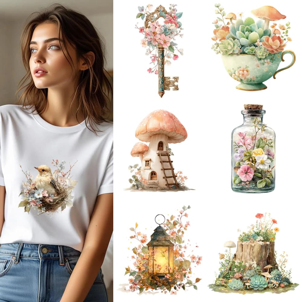 Adesivo termoadesivo DTF da 25 cm con motivo a casa dei funghi e fiori, per applicazioni su vestiti e t-shirt