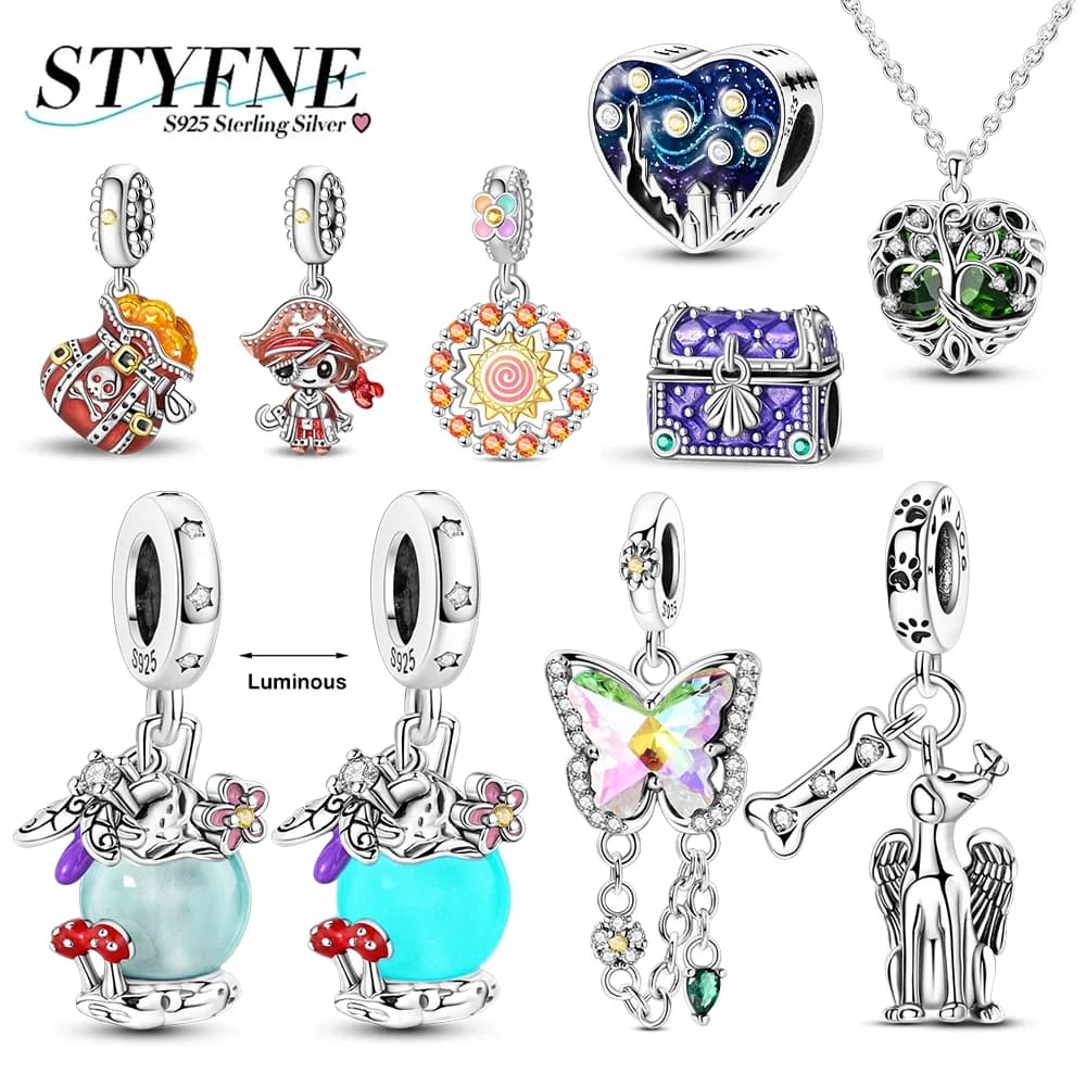 Silver 925 Van Gogh Heart Colorful Butterfly Beads Luminous Pendants Firely Measure the original bracelet for women Gift of refined jewelry DIY