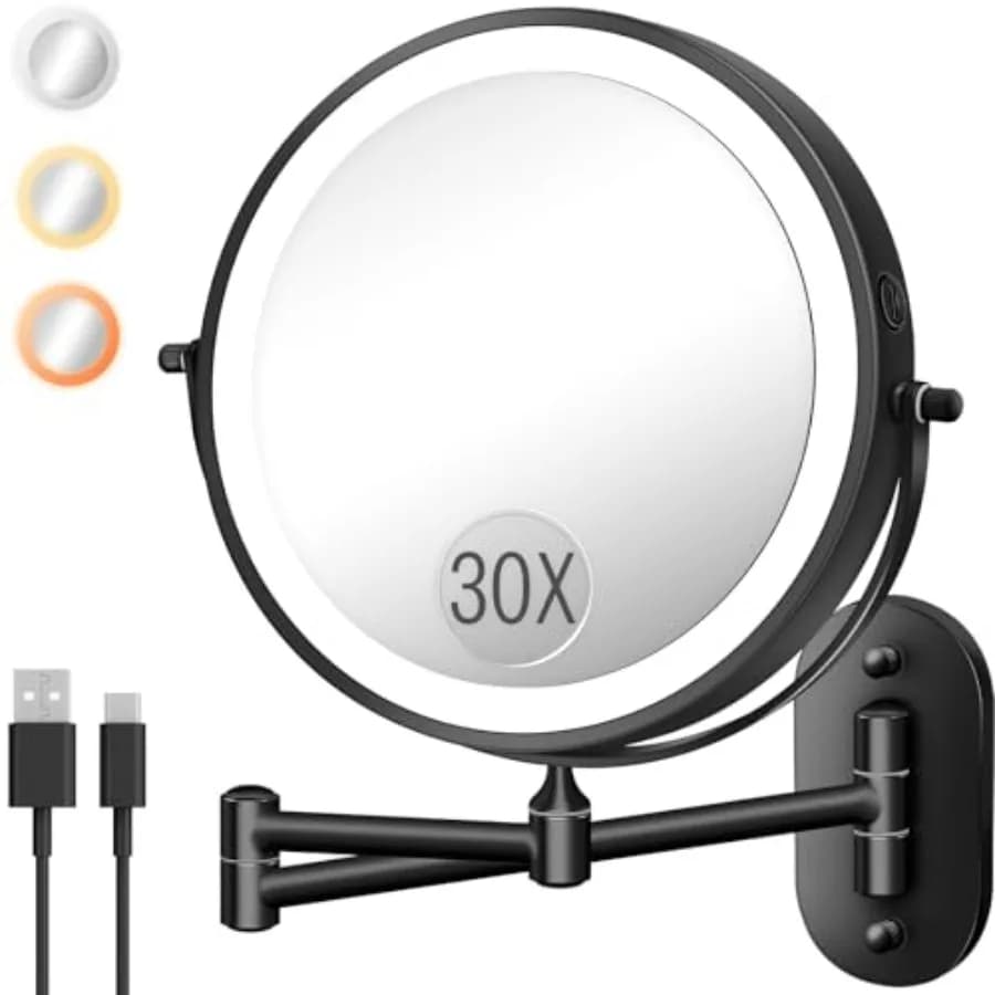 Specchio da Parete per Trucco con Luce, Specchio Ingranditore LED Bifacciale 30X/1X 8'' per Bagno con Illuminazione