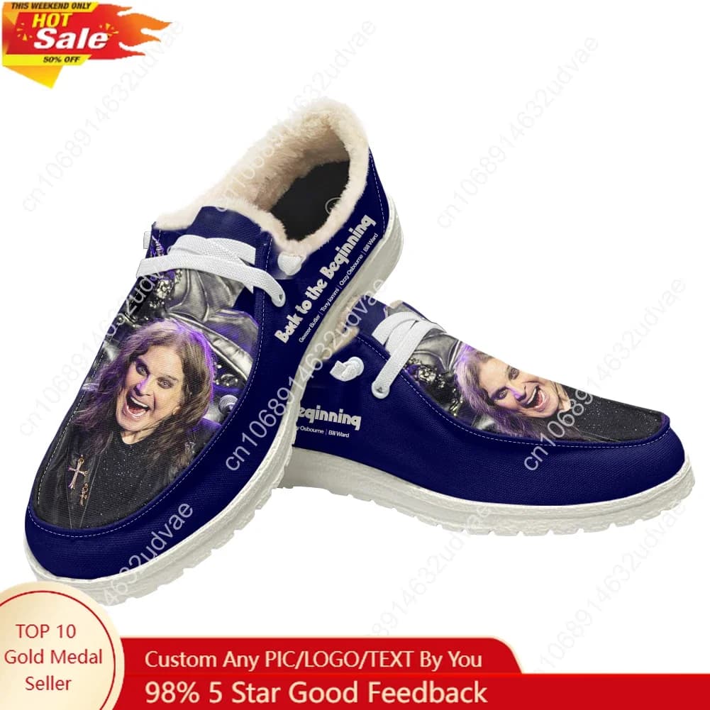 Mocassini Ozzy Osbourne 1948-2025 in peluche, unisex, casual, piatti, per uomo, donna e giovani, modello Back To The Beginning, caldi, personalizzati, colore bianco