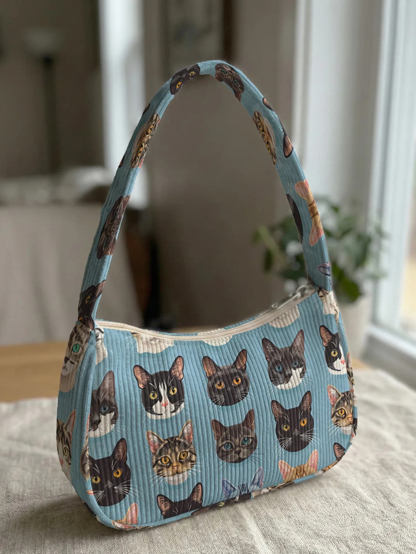 Trendy Cat Head Print Shoulder Bag, Light Blue Corduroy Underarm Bag for Daily Casual Use
