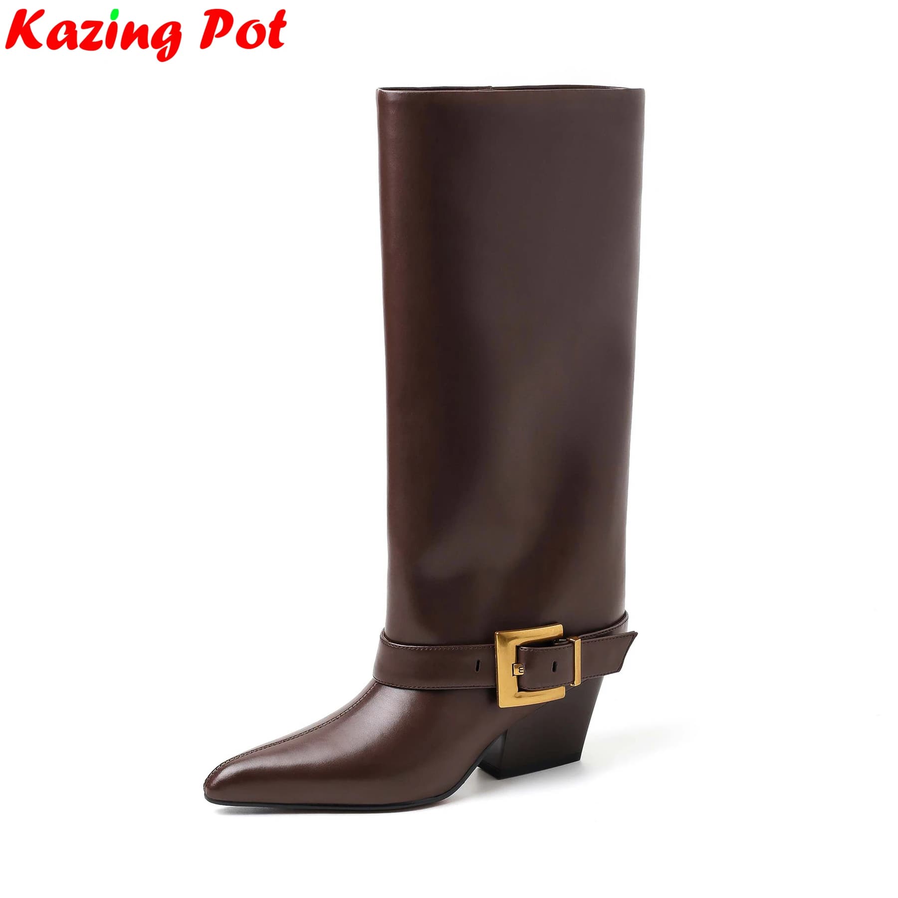 2027 Cow Skin Pointed Toe Fashion Riding Boots Dating Winter Shoes High Heels Party Nightclub Belt Buckle Women Knee-high Boots