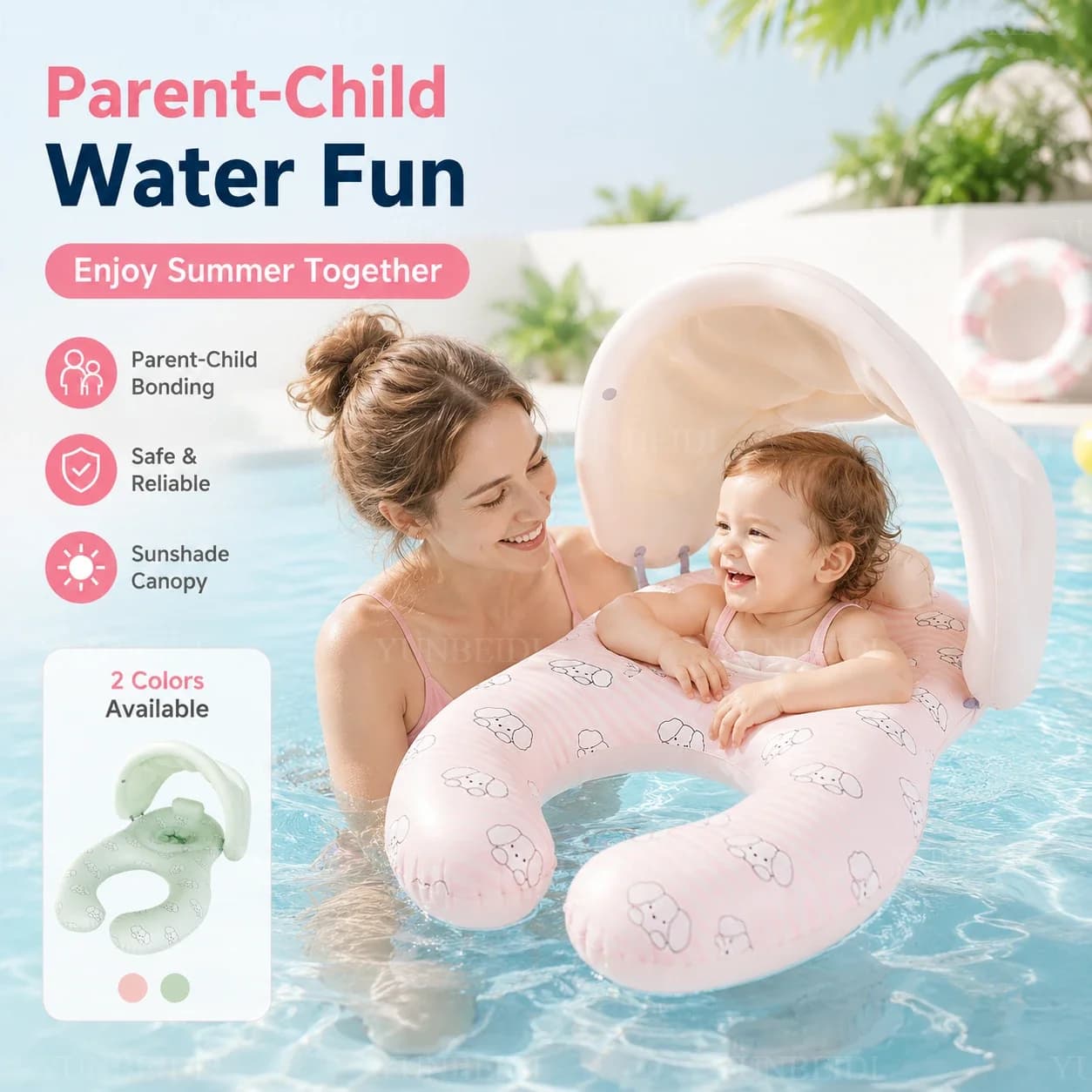 Mother and Child Swimming Ring with Shade Tent Double Seat Inflatable Baby Swimming Ring Family Pool Special PVC Material