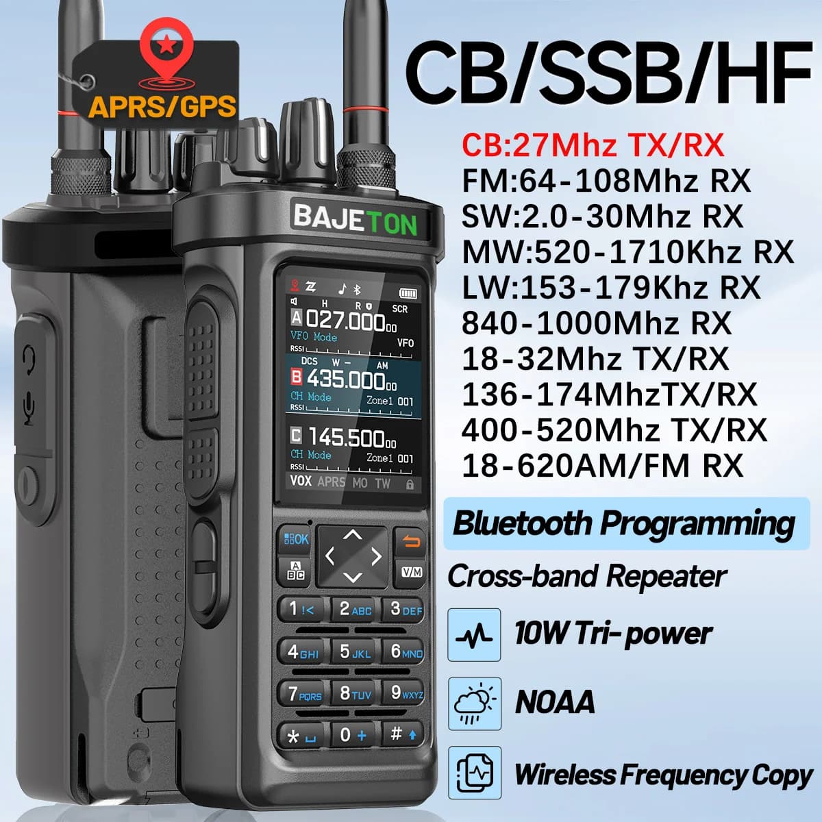 BAJETON BJ-9000 GPS APRS Walkie Talkie 10W CB 27Mhz Ricevi programmazione Bluetooth a lungo raggio NOAA VOX RT-950 RT-950PRO Ham Radio