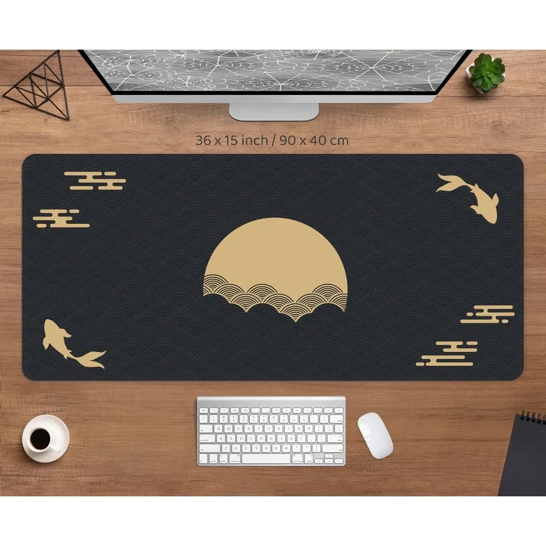 Tappetino da scrivania nero e oro, mousepad con pesci koi, sole, nuvole, arte giapponese, fenice, alba, tramonto, grande XXL, tappetino per mouse da gaming