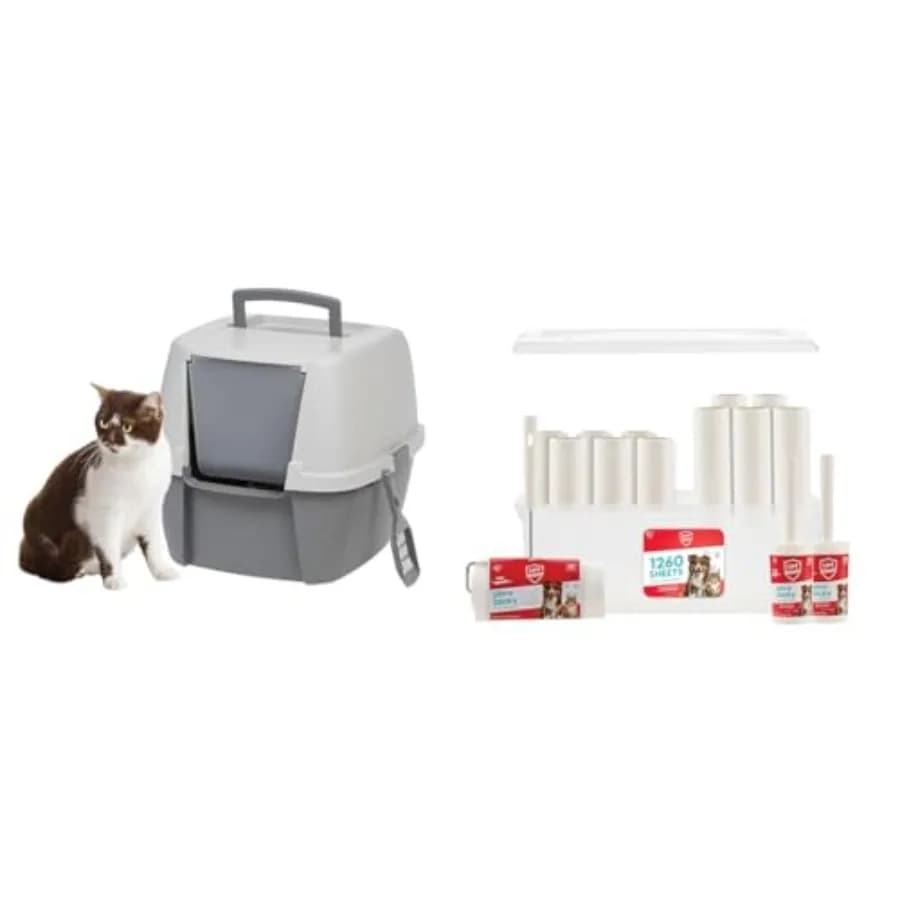Lettiera per gatti con sportello frontale, maniglia e paletta, grigio scuro + confezione risparmio con rullo adesivo extra forte, include scatola portaoggetti