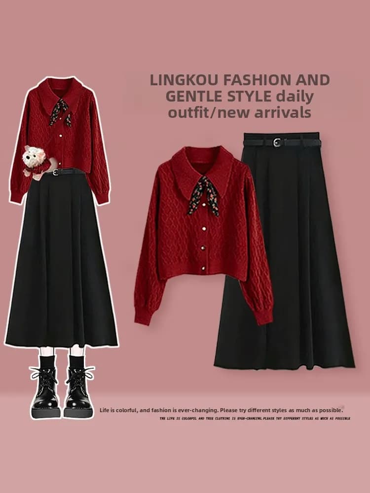 Set Due Pezzi con Cardigan Rosso Lavorato a Maglia e Gonna Aderente per Donna, Stile College Autunno Inverno, Moda Coreana con Gonna a Vita Alta