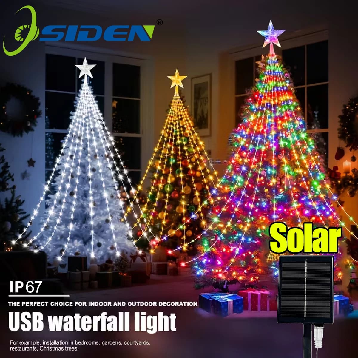 1PC luci a cascata a stella a cinque punte luci natalizie alimentate tramite USB/energia solare per la festa di Natale decorazioni per la casa di Halloween