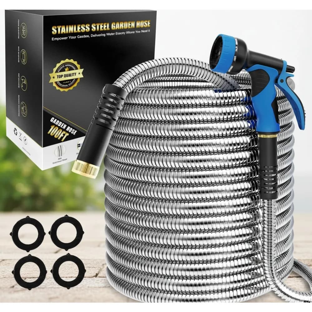100-foot metal garden pipe with 10 functions nozzle, stainless steel water hose for outdoor motorhome garden