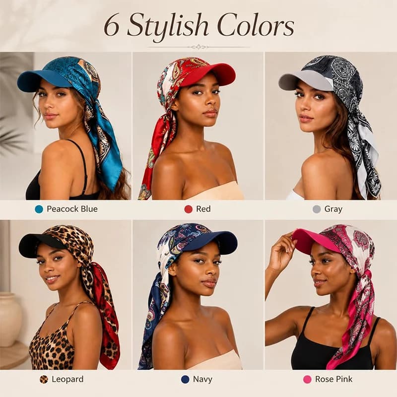 Fashion Printed Square Scarf Hat for Women Satin Bandana Cap with Tie Outdoor Sun Protection UV Visor Headscarf Travel Accessory