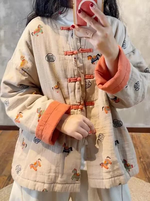 New Chinese Style Thickened Cotton Jacket Women's Winter Coat with Disk Buttons Floral Print Warm Outerwear Retro Loose Fit