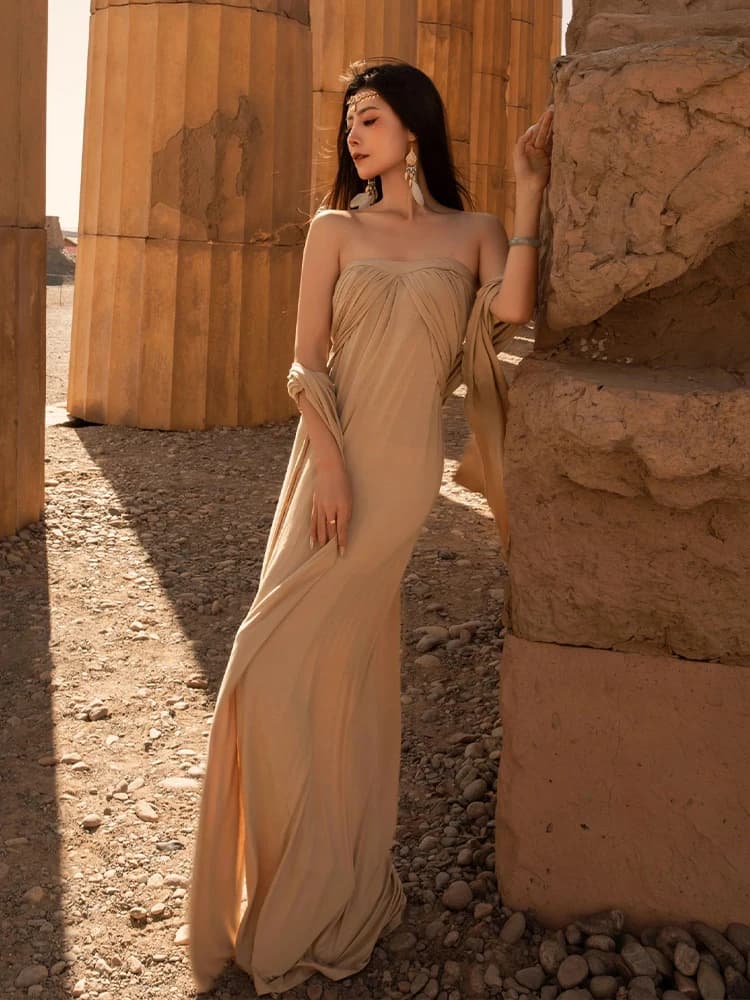 Abito da Spiaggia Bohemien Nuovo Stile per Vacanze al Mare, Vestito Ultra-Fairy con Spalle Scoperte per Fotografia di Viaggio, Gonna a Trapezio