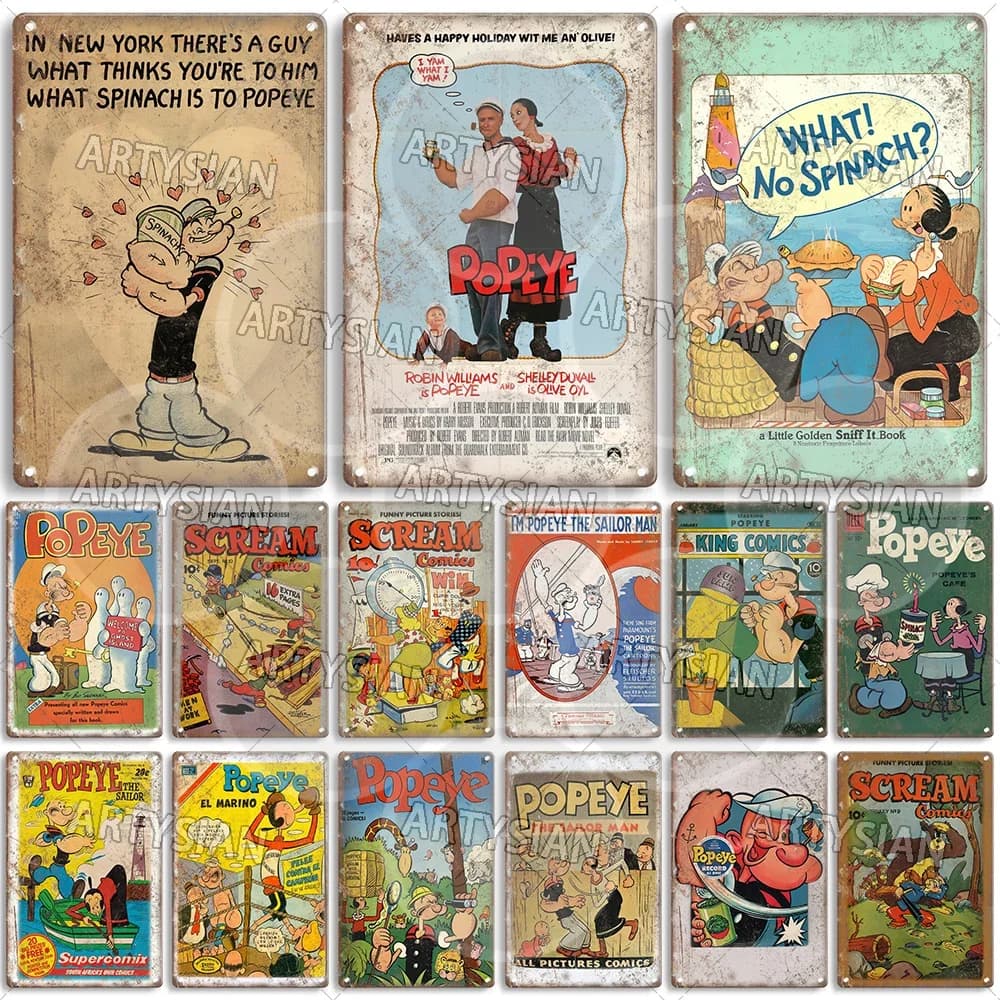 Targa in metallo comico vintage Popeye Scream Comics Targa in metallo Popeye il marinaio Cosa! Nessun spinaci delle frecce di Cupido Zap Bugs