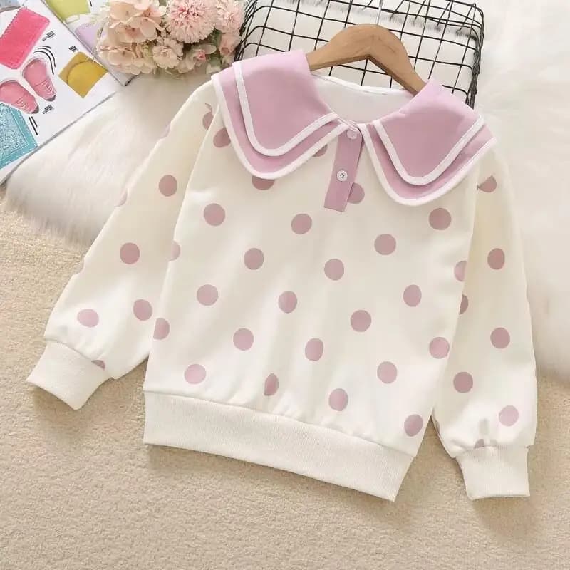 Baby Girl Primavera e Autunno Dolce Colletto per bambola Top Felpa con cappuccio a pois per ragazze Outfit Nuovi set di vestiti alla moda alla moda per bambini