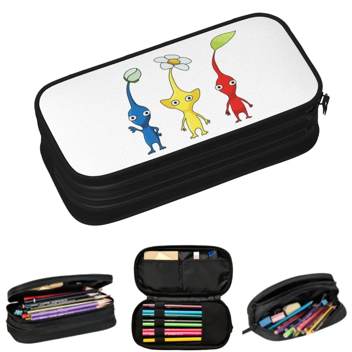 Blue, Yellow And Red Pikmin Sticker Set Pencil Cases for Students Gifts Pen Box Pencil Bag Large Storage Pencil Pouch