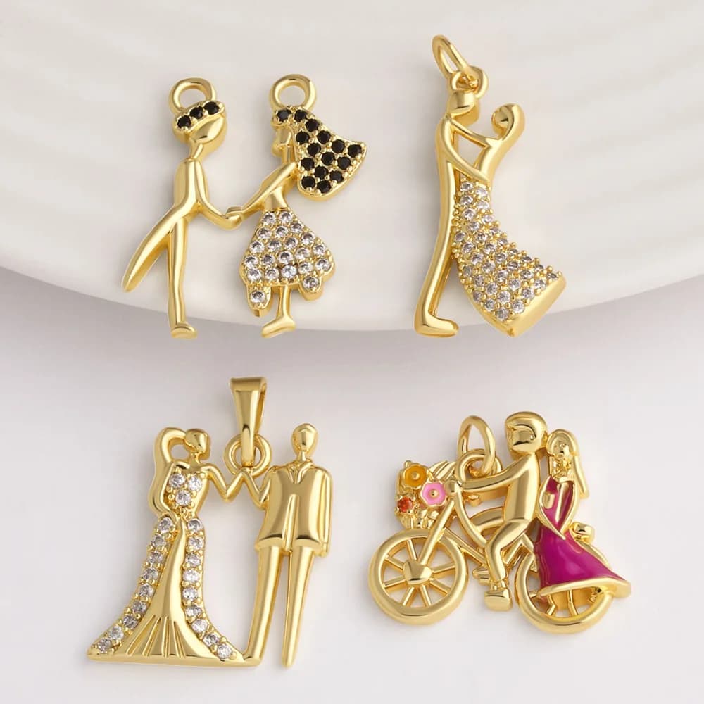 OCESRIO Gold Plated Brass Couple Lover Pendant for Necklace Multicolor CZ Wedding Love Bicycle Jewelry Making Supplies pdtb870