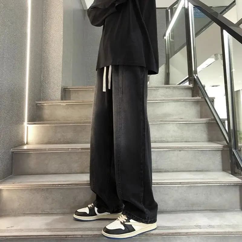 American Retro Elastic Waist Gradient Jeans Men's Spring Design Loose Drapey Straight Leg Wide Leg Long Pants Casual Style