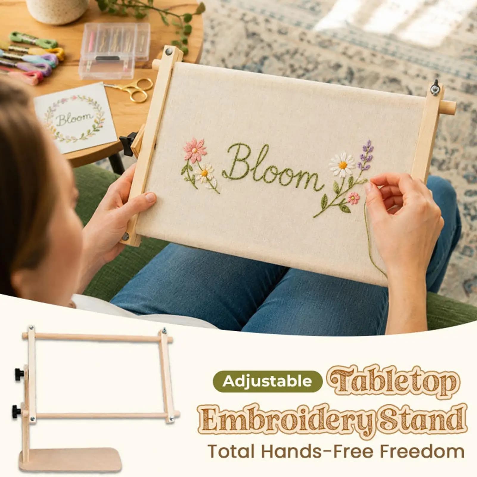 Embroidery Hoop Stand Adjustable Hands-Free Needlework Holder Embroidery Lap Stand for Women Craft Home Workshop Tabletop