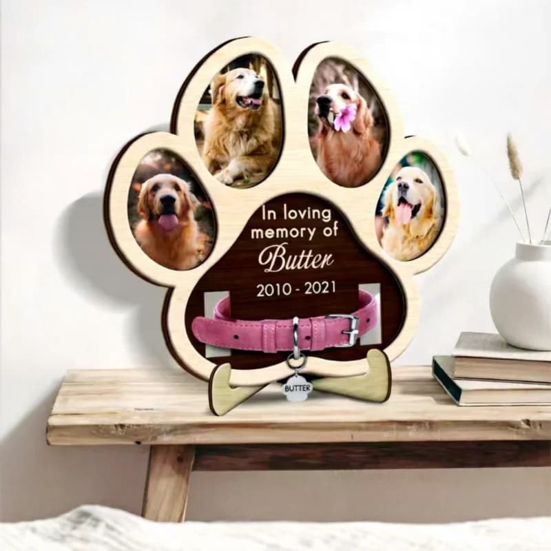 Paw Shaped Wooden Pet Memorial Photo Frame Multi-Picture Remembrance Gift for Dog Cat Loss Portable for Desktop & Car