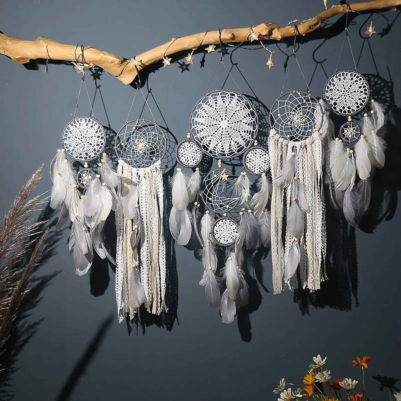 Dreamcatcher Wall Hanging Bohemian Decor Moon Star Shape Iron Feather Construction For Bedroom Living Room Nursery