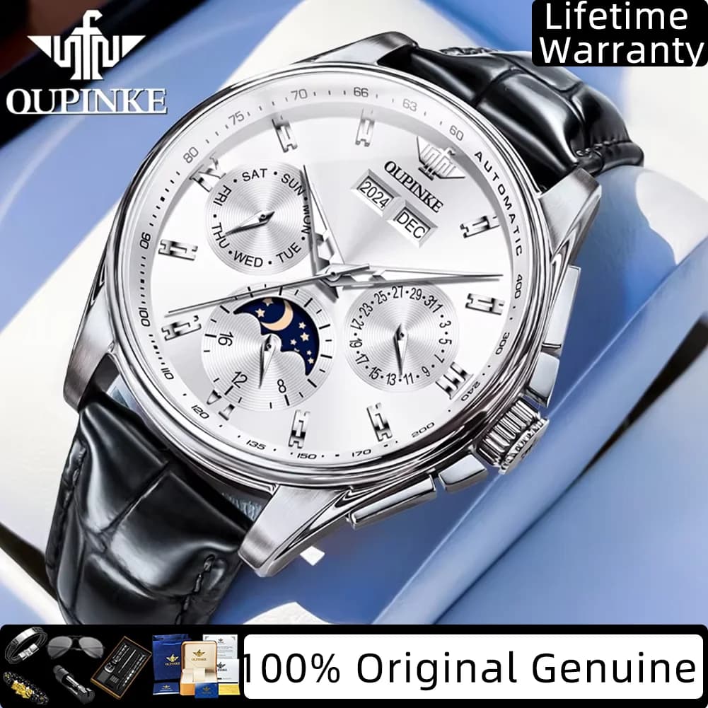 OUPINKE Orologio meccanico completamente automatico da uomo cinturino in pelle impermeabile cronografo con fasi lunari orologio da uomo originale di lusso superiore 3189