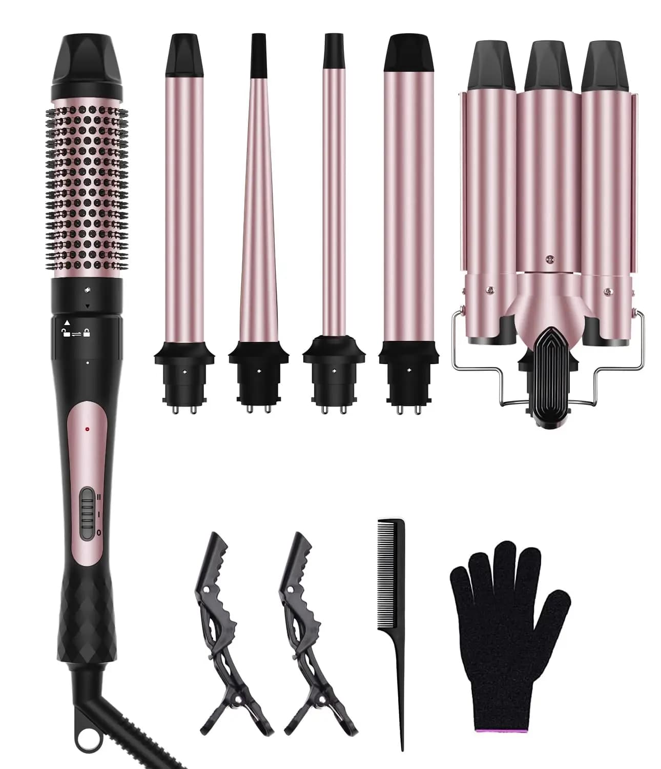Set Ferro Arricciacapelli 6-in-1 con Spazzola Termica e 5 Bacchette Intercambiabili (da 0,35 a 1,25 pollici), Riscaldamento Rapido, Ideale per Viaggi