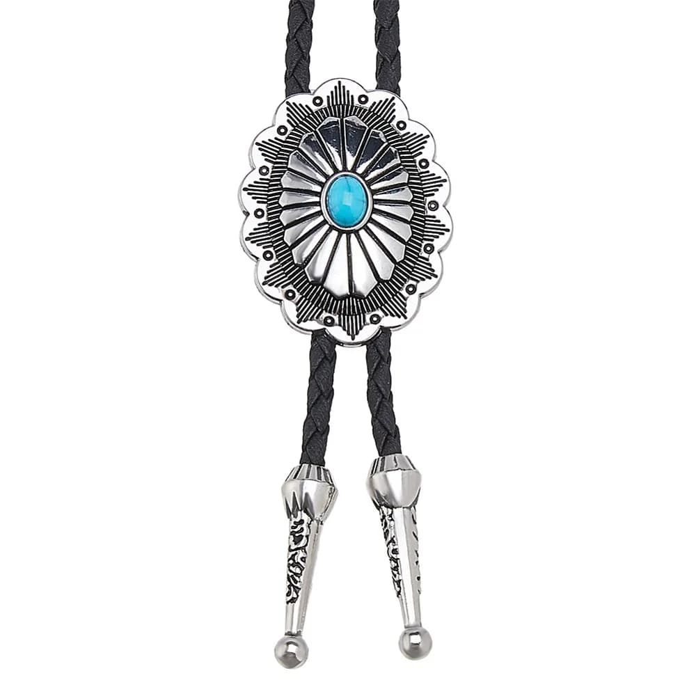 Adjustable Zinc Alloy Pave Turquoise Oval Black PU Leather Cord Bolo Tie Lariat Necklaces Silver 37.40 inch(95cm)
