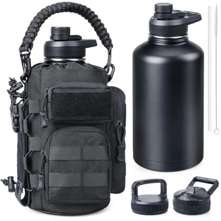 Bottiglia d'Acqua Isolata da 64 oz con Custodia, Borraccia Tattica in Acciaio Inox da Mezzo Gallone, Grande Bottiglia d'Acqua Militare con Sistema 3-IN-1