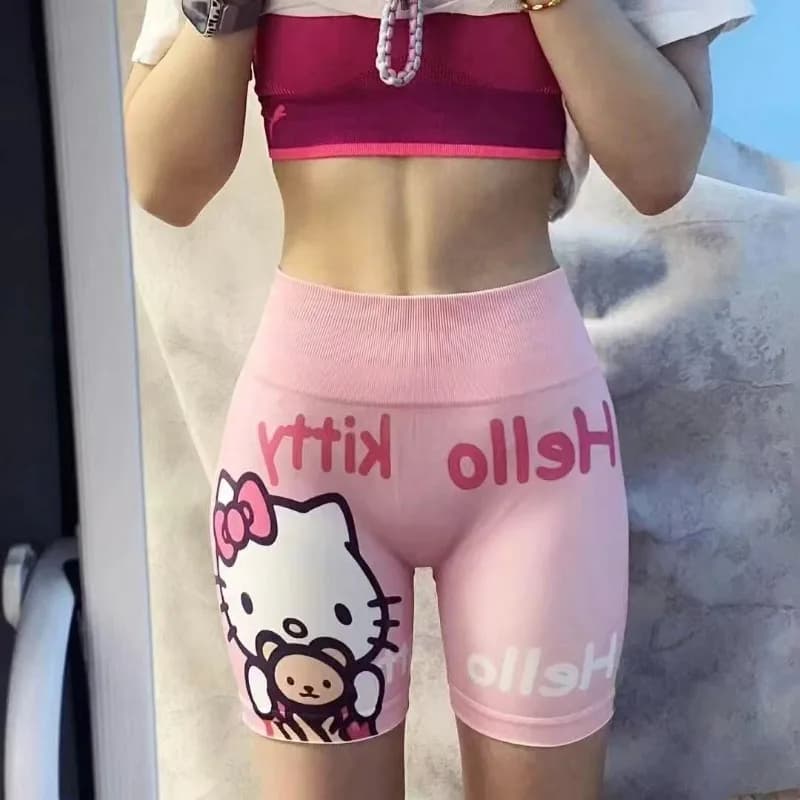 Pantaloncini da Pilates Peach Fitness, Shorts Sportivi a Tre Quarti Stile Europeo e Americano, Pantaloni Yoga con Stampa Gattino