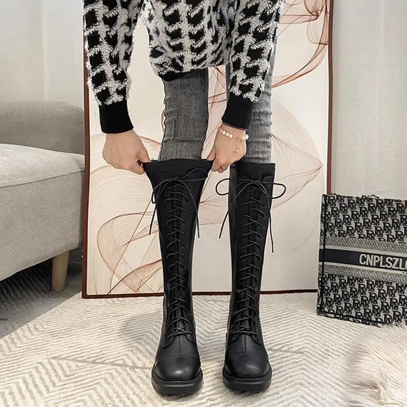 Round Toe Fleece-Lined Elegant with Low Heels Women's Long Boots Hot on Promotion Chic Gyaru Work Ladies Knee High Shaft Shoes
