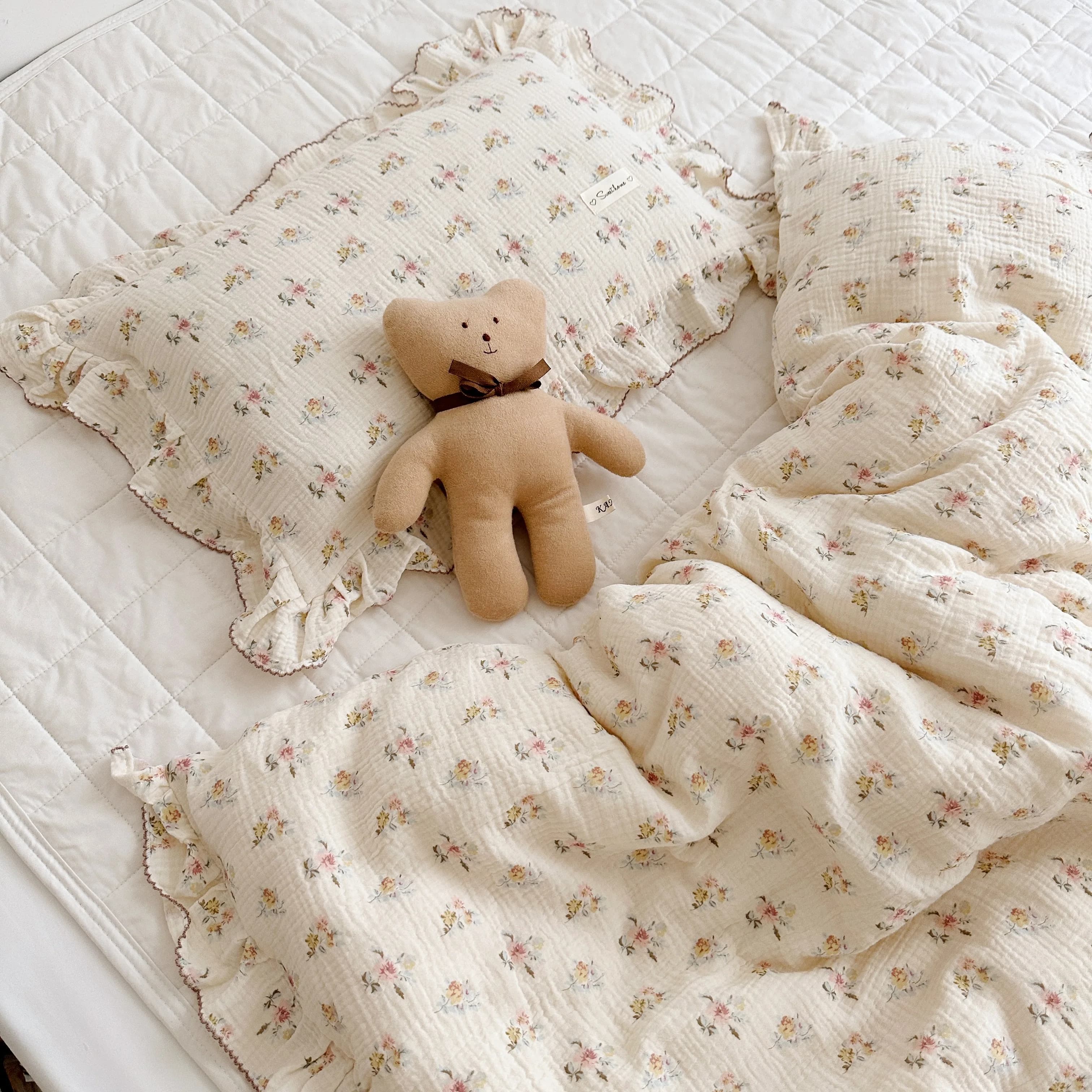Vintage Floral Printed Muslin Cotton Kid Crib Bedding Set Baby Bed Linens with Duvet Cover Sheet Pillowcase Without Inner Filler