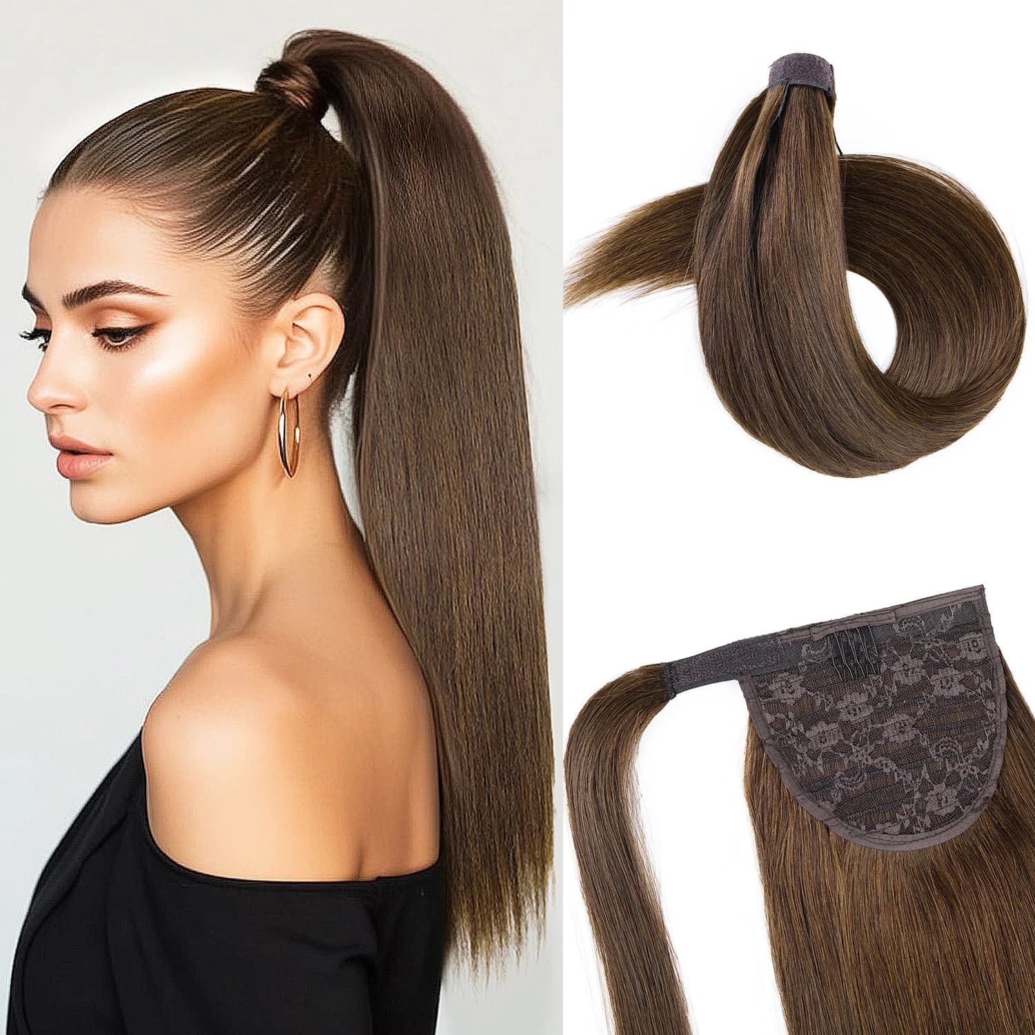 #4 Medium Brown Ponytail Extensions Natural Straight Human Hair Ponytail Wrap Around Ponytail Real Hair Extensions With Invisible Magic Paste