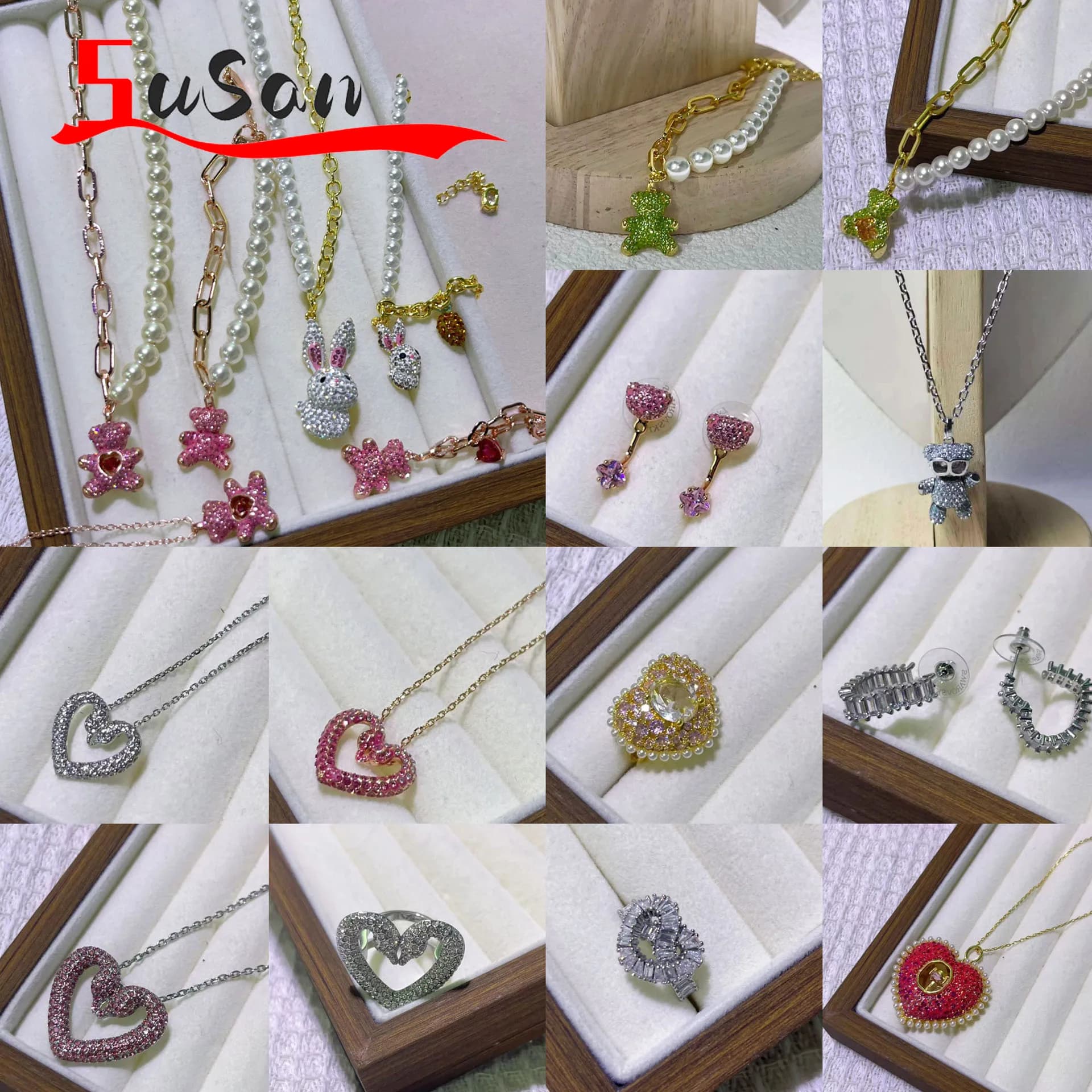 Set di Gioielli da Donna in Oro Rosa con Ciondolo a Forma di Orso Carino e Brillante, Collana, Orecchini, Bracciale, Accessori per Matrimonio