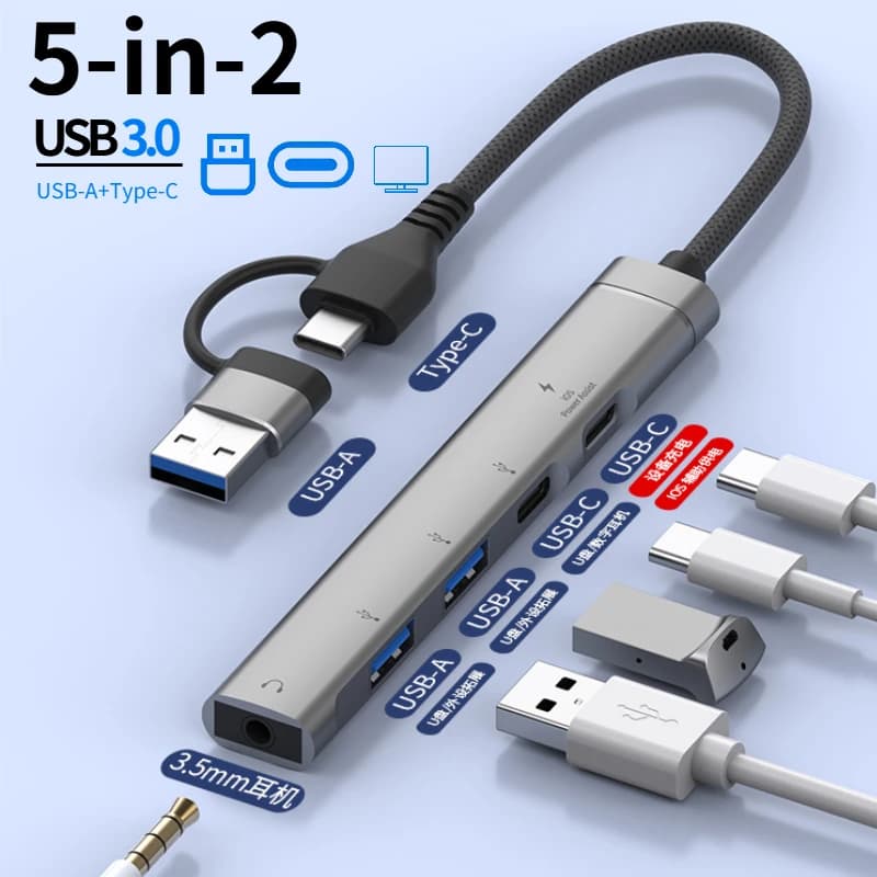 Adattatore audio da USB+Type-C a 3,5 mm, hub USB OTG per laptop, docking station universale per computer, splitter, adattatore multiporta per PC