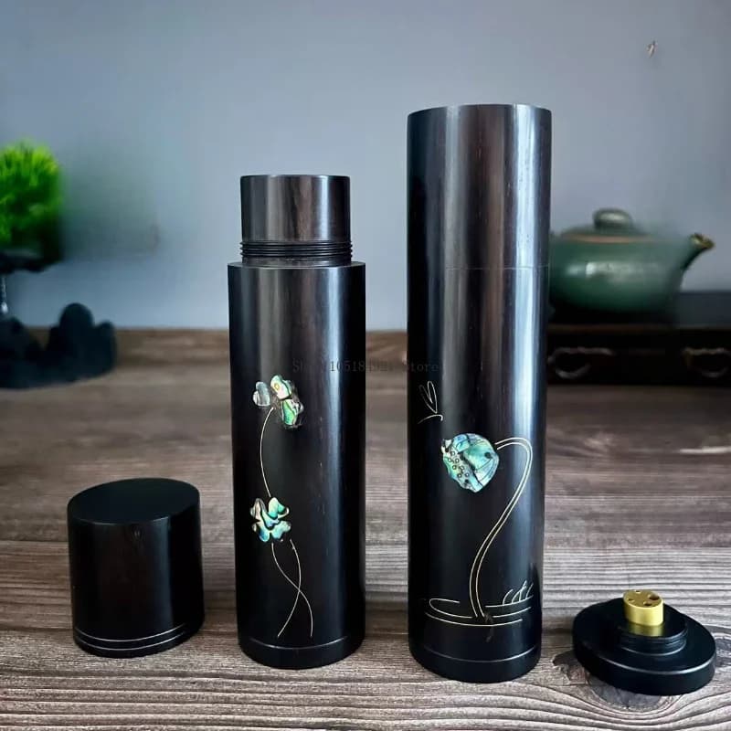 Solid Wood Stick Incense Tube Inlaid Engraving Cylinder Storage Tube Zen Tea Ceremony Household Desktop Aroma Craft Ornament