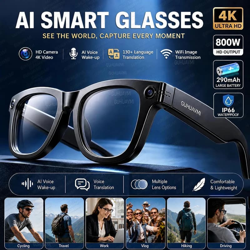 2026 New AI camera glasses 8MP HD Camera 1080P Video Recording Smart translation glasses Waterproof Bluetooth Audio Sunglasses
