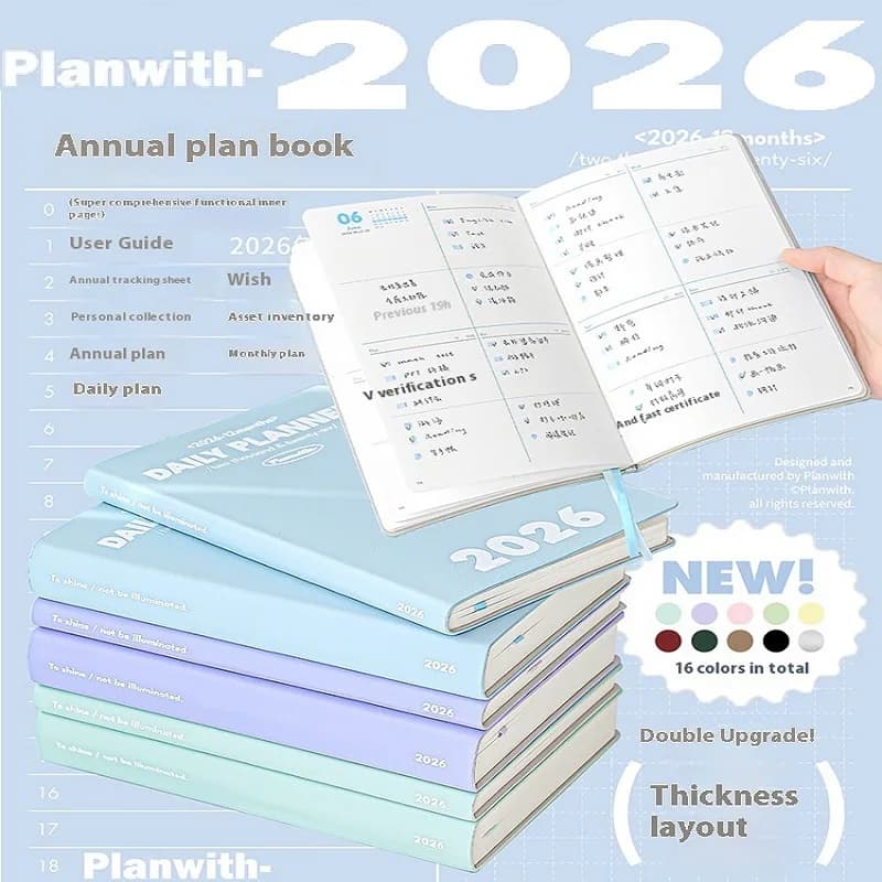 Planwith Agenda 2026 Pianificatore annuale Piano giornaliero Quaderno settimanale Piano mensile Calendario Kawaii Memo Programma Libro Efficienza Controllo manuale