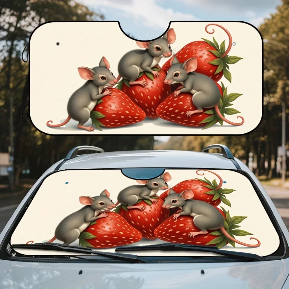 1pc Vintage Mice & Strawberry Print Car Windshield Sunshade - Cute Cartoon Design, Durable Fabric, Fit For Cars, Road Trips, Cam