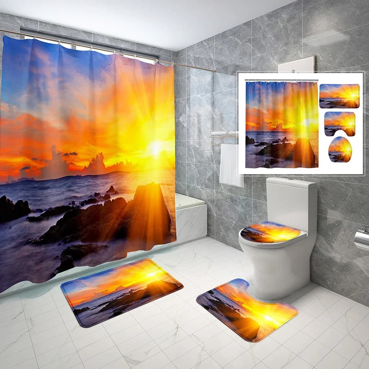 Set di tende da doccia Sunrise da 4 pezzi con coperchio del WC e tappetino da bagno Sun Mountains Set di decorazioni per il bagno impermeabili scenici arancioni