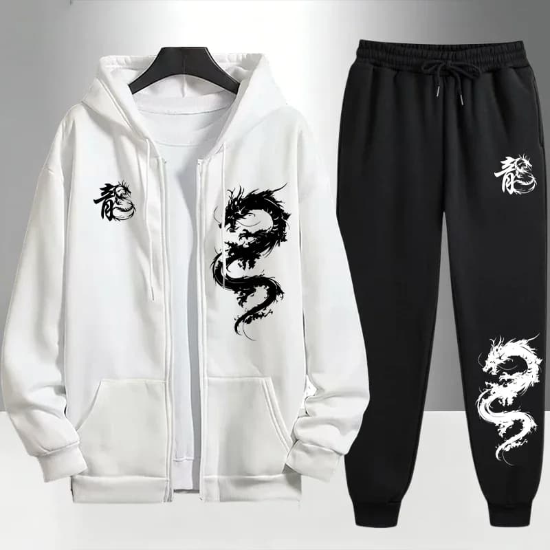 Chinese Dragon Print Tracksuit for Men Zipper Hooded Sweatshirt and Black Sweatpants Urban Causal Fashion Hoodies Outerwear Sets