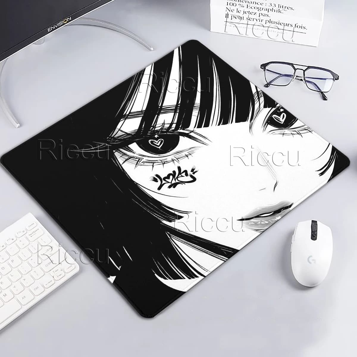 Tappetino per mouse estetico anime in bianco e nero, tappetino per mouse per laptop da gioco XS, tappetino per tastiera, tappetino estetico da scrivania per FPS