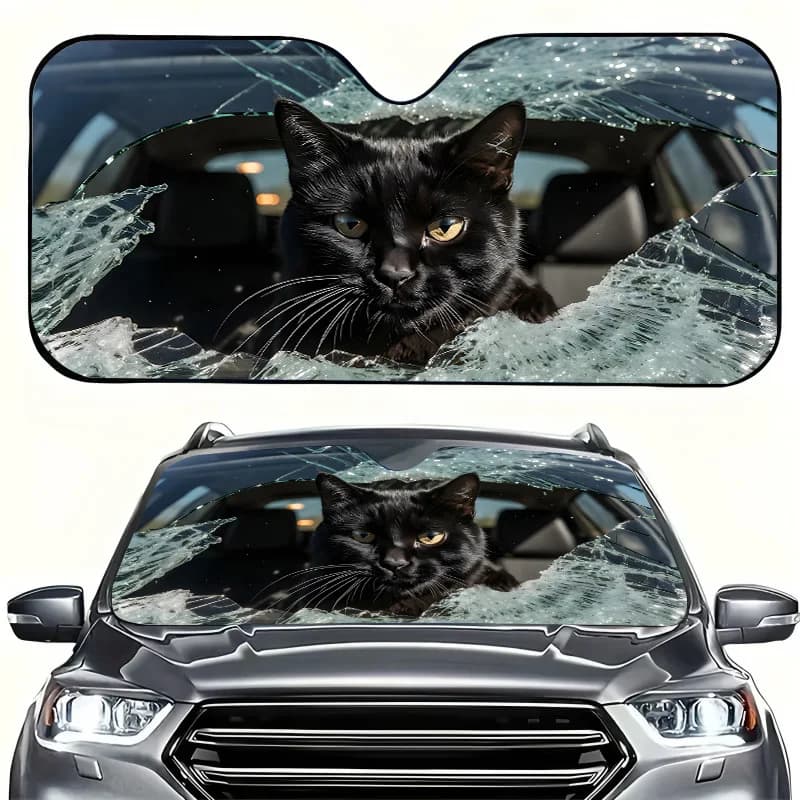 1Pcs Black Cat Breaking Through Cracked Glass Car Windshield Sun Shade, Vibrant Design, Easy Installation Shade